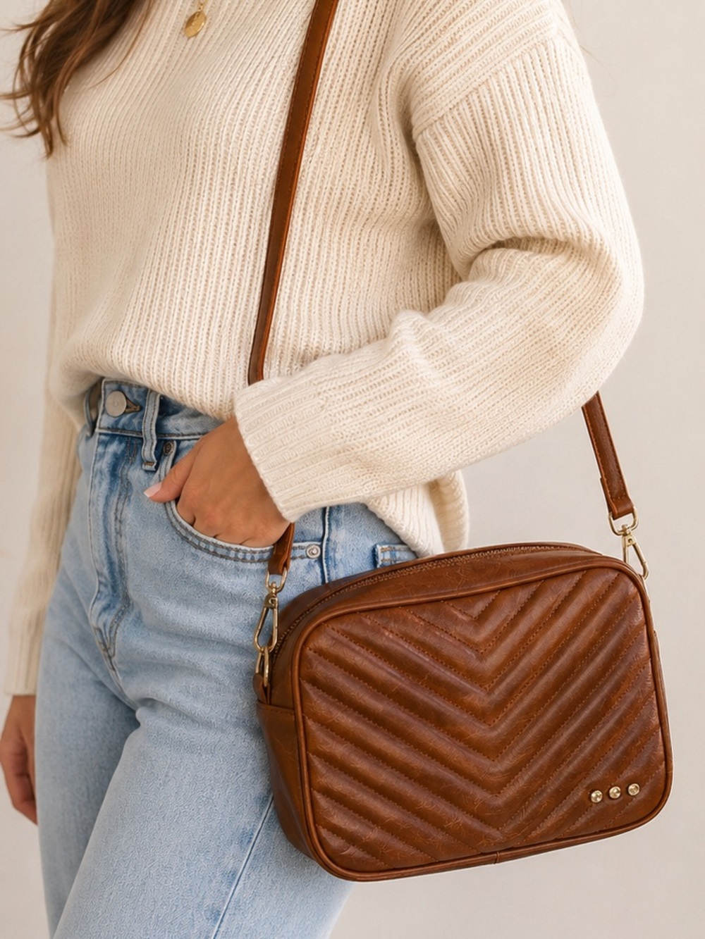 Pretty Simple Coco Quilted Camera Bag Mocha Crossbody Shoulder Bag Vegan Leather